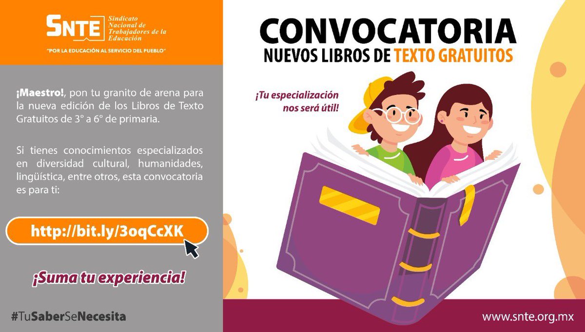 Snte12Durango's tweet photo. #TuSaberSeNecesita 👩‍🏫📒👨‍🏫

La experiencia frente a grupo es esencial para los contenidos de los nuevos Libros de Texto Gratuitos: 3º a 6º grado 📖 Si eres maestr@ de primaria #SNTE 📚 activo o jubilado ‼️Súmate‼️ #TuSaberSeNecesita 💡

CONVOCATORIA https://t.co/rWVAXh6lxf 📜 https://t.co/C8TL21rXzR