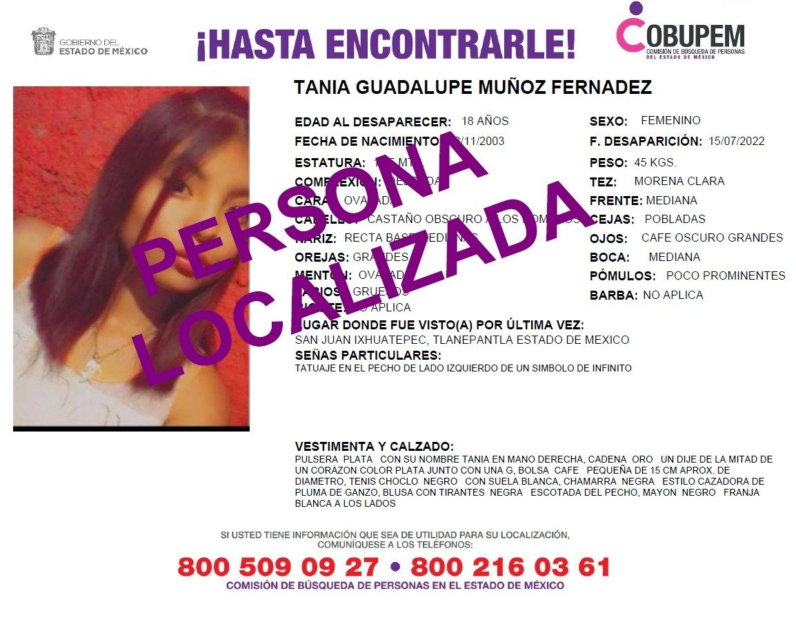 Gracias por tu apoyo! La siguiente persona ya ha sido localizada.  #TodosEnLaBúsqueda, image size:1154x898