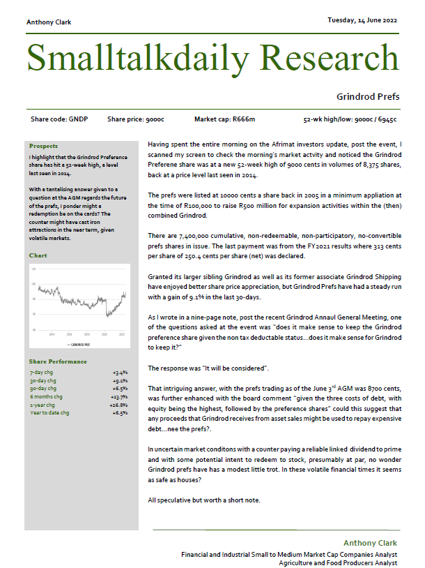 smalltalkdaily's tweet photo. See a new 52-week high in $JSEGNDP Grindrod Preference Share

Wrote a note on this stock a while back saying #GNDP looked really interesting (on) my belief the prefs would get redeemed by #GND https://t.co/TDS5rpJKnY