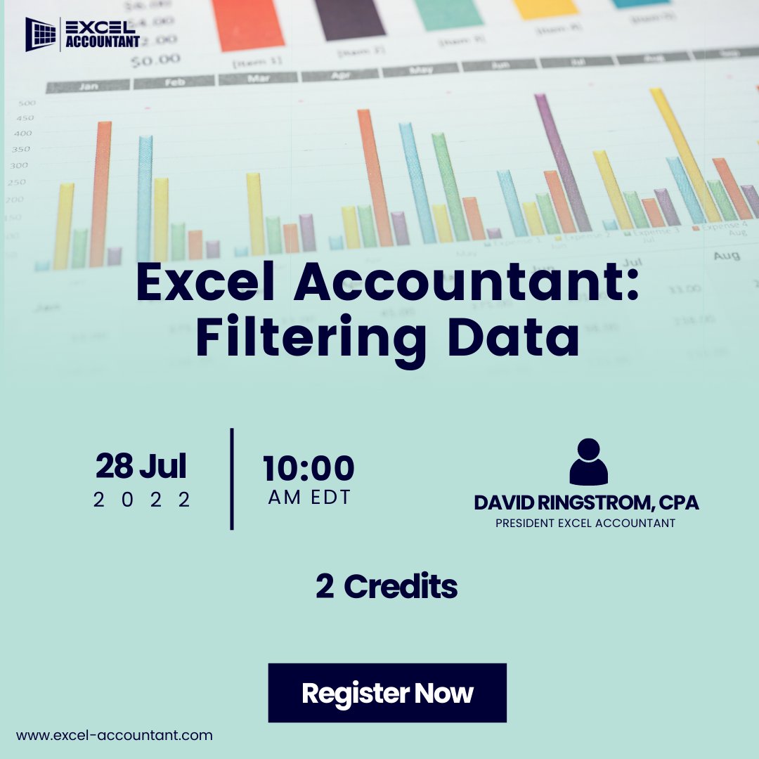 excel_account's tweet image. "Excel Accountant: Filtering Data", this insightful webinar by David Ringstrom will come live on July 28.
This 2 CPE webinar shows a variety of lookup functions to work more efficiently in Excel.
Book your seat: bit.ly/3ivjbQU
#filteringdata #filterdata #exceltips