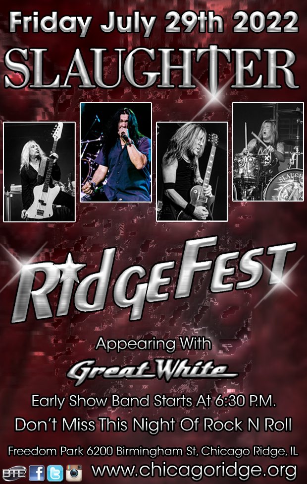 Concert Reminder
When: This Friday July 29th 2022
Where: Chicago Ridge, IL
@chicagoridgefest
#MarkSlaughter #Slaughter #UpAllNight #FlyToTheAngels #MadAboutYou #ErnieBallStrings #PickGuyGuitarPicks #CarlinoGuitars #FuTone #MorleyPedals #PariahPickups
#KemperAmps
#GodinGuitars
