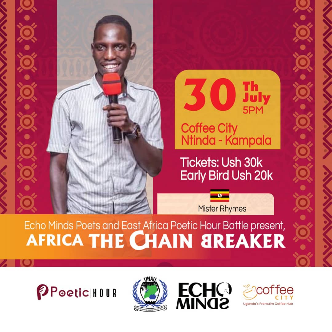 ugpoets's tweet photo. @Coffeecity21 is the place this  Saturday.

An atmosphere of #poetry from the @EchoPoets and  @HourPoetic.

@jasonntaro, @jordanmegolonyo, @mcNrietta and @mickey_thepoet from the @UtenziHouse of poets just can't wait to take you on the poemthon

#AfricaUnchained #PoetryUgEvents https://t.co/PmlD5dVklE
