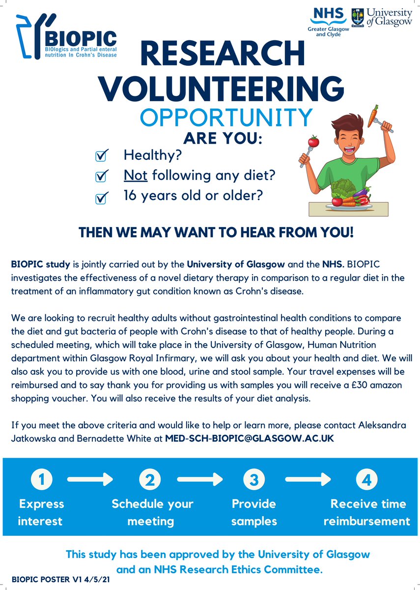 BIOPIC study (@biopicstudy) on Twitter photo We are looking for volunteers to help with BIOPIC study. If you are an adult with no gut conditions or other major illness and are interested in learning more, please get in touch with Aleksandra Jatkowska and Bernadette White at med-sch-biopic@glasgow.ac.uk We are looking for volunteers to help with BIOPIC study. If you are an adult with no gut conditions or other major illness and are interested in learning more, please get in touch with Aleksandra Jatkowska and Bernadette White at med-sch-biopic@glasgow.ac.uk