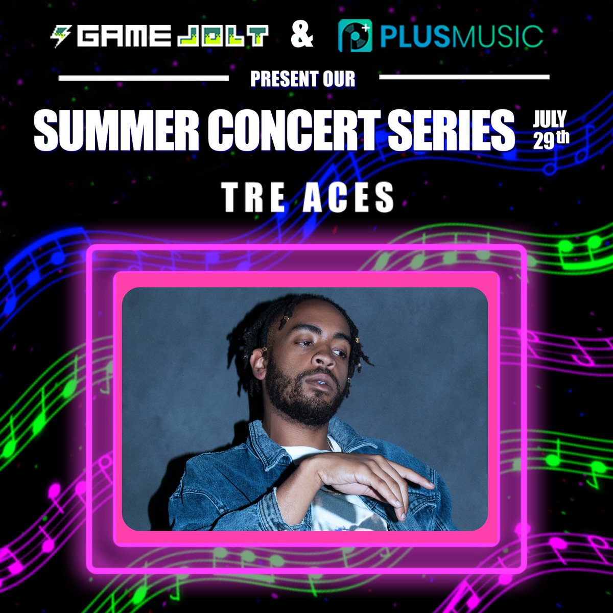 Catch Tre Aces live on Game Jolt this Friday, July 29th - show starts at 1pm PT! 🎤🎶

Our Summer Concert Series begins in two days! 🔥 Let’s go: bit.ly/GameAudioT

<a href="/AyeTreAces/">Black Bon Iver</a> @PlusMusicTech