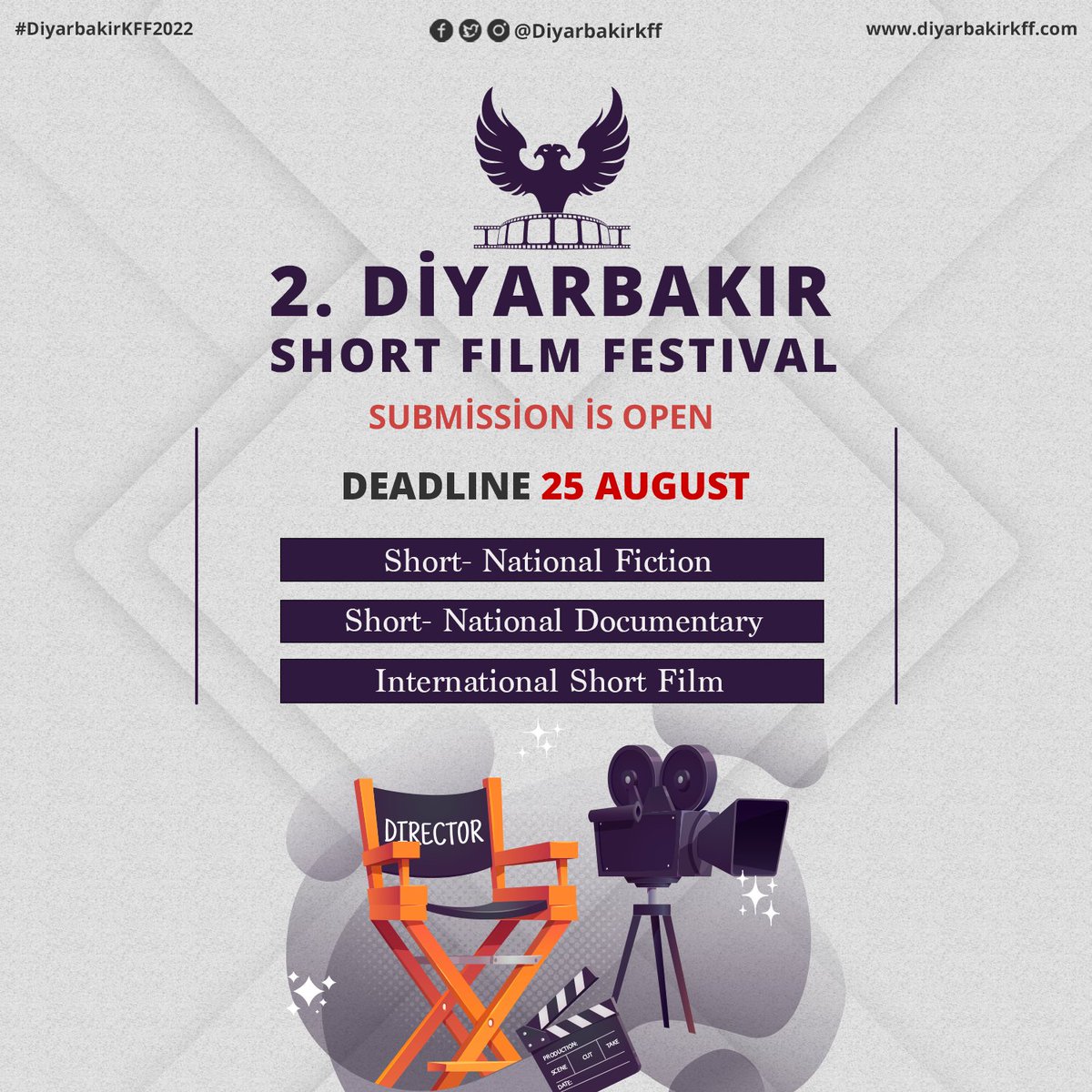 2. Diyarbakır Kısa Film Festivali 😍🎬
Son Başvuru Tarihi 25 Ağustos 

<a href="/diyarbakirKFF/">Diyarbakır Kısa/Short Film Festival</a> 
 
<a href="/TCKulturTurizm/">T.C. Kültür ve Turizm Bakanlığı</a> 
 
<a href="/SinemaGenelMd/">Sinema Genel Müdürlüğü</a>