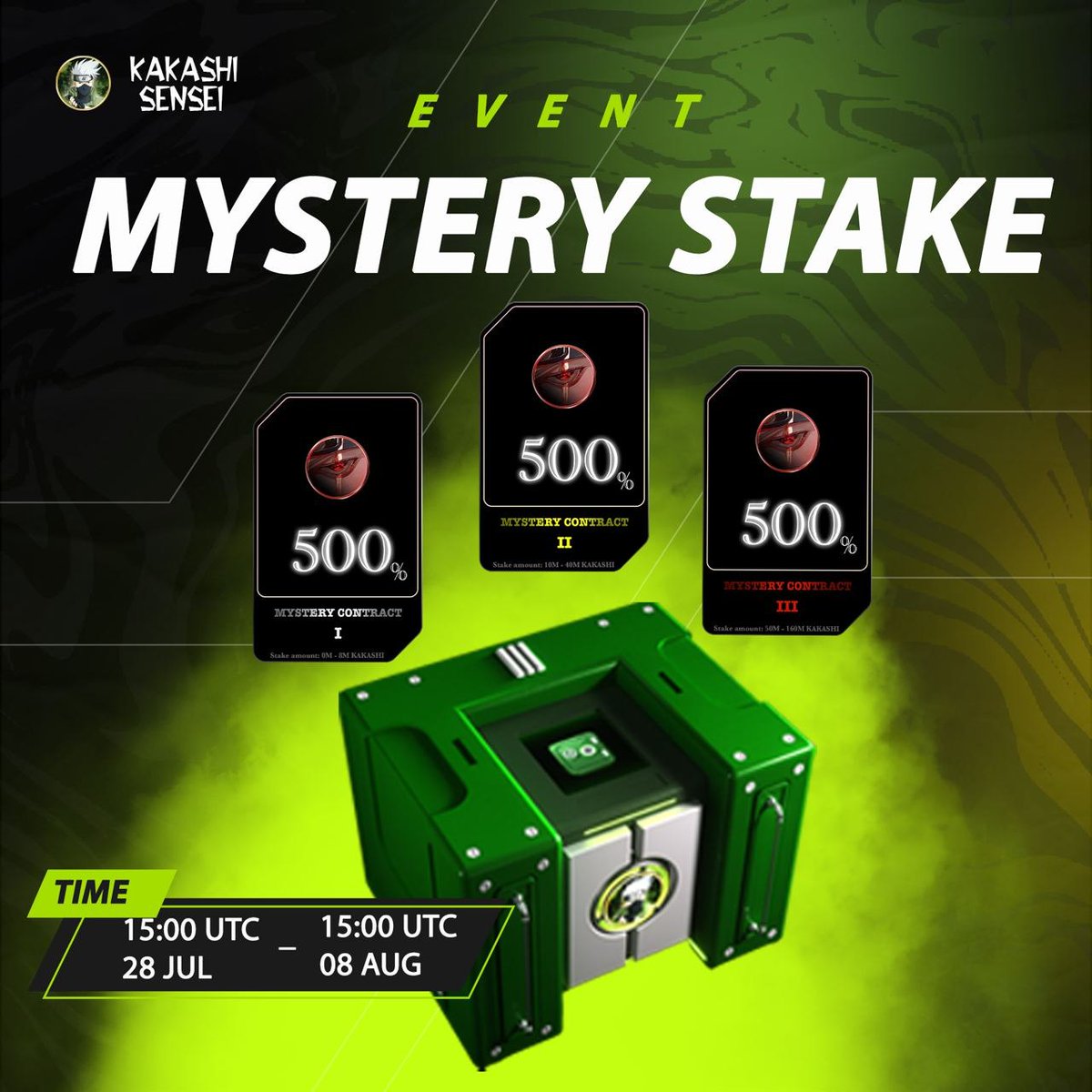 🔥 EVENT MYSTERY STAKE 🔥

♦️ When the Mainnet starts, buy box III as soon as possible because only 5 boxes are sold.

♦️ Box I and Box II will be for the 100 users who stake the most on the daily stake.

#KakashiApp #KakashiSensei #Mainnet