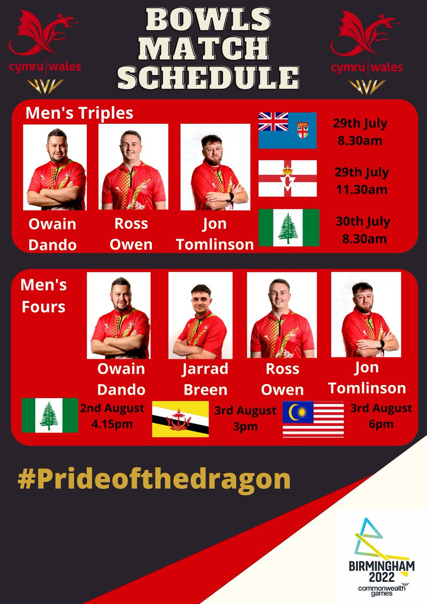 BowlsWales's tweet photo. 📢Bowls schedule for @birminghamcg22 

Next up we have the @TeamWales Men's and Women's Triples and Fours 🏴󠁧󠁢󠁷󠁬󠁳󠁿

#Prideofthedragon https://t.co/GUjyG2FH9x