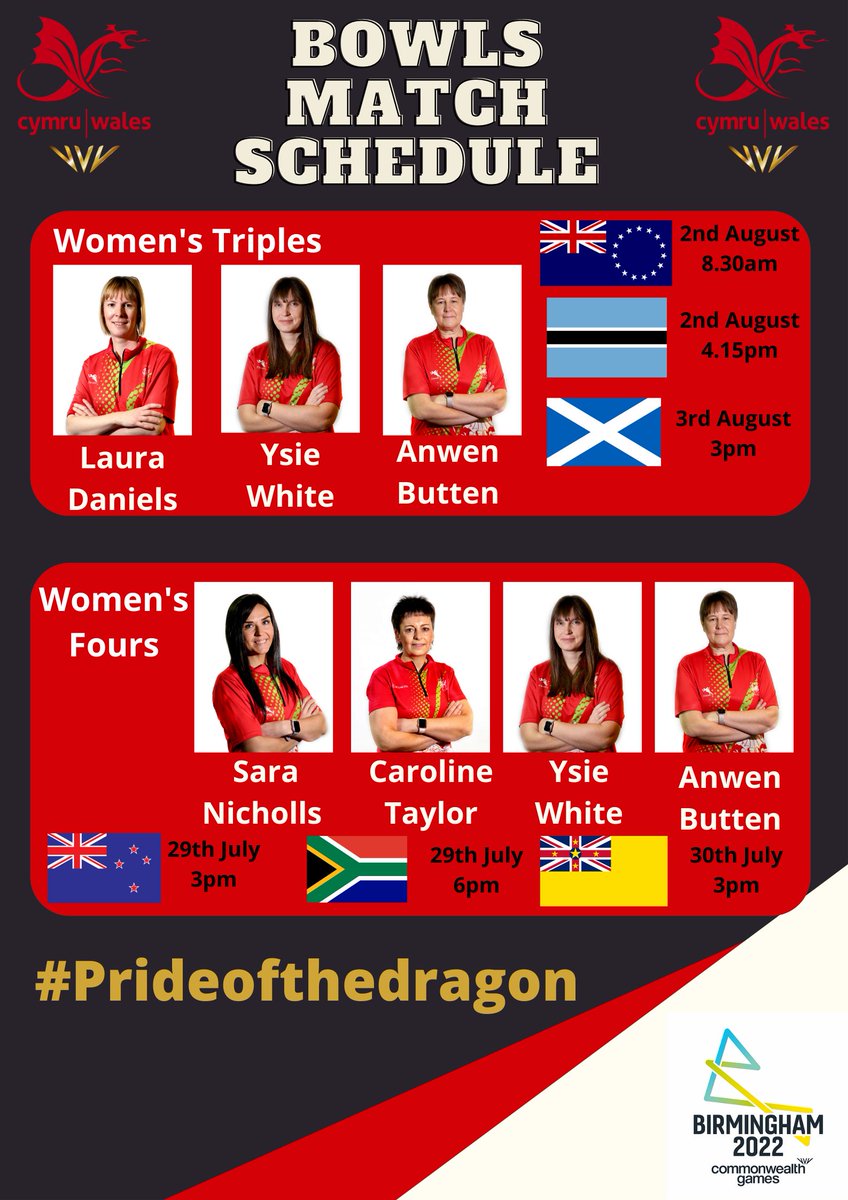 BowlsWales's tweet photo. 📢Bowls schedule for @birminghamcg22 

Next up we have the @TeamWales Men's and Women's Triples and Fours 🏴󠁧󠁢󠁷󠁬󠁳󠁿

#Prideofthedragon https://t.co/GUjyG2FH9x