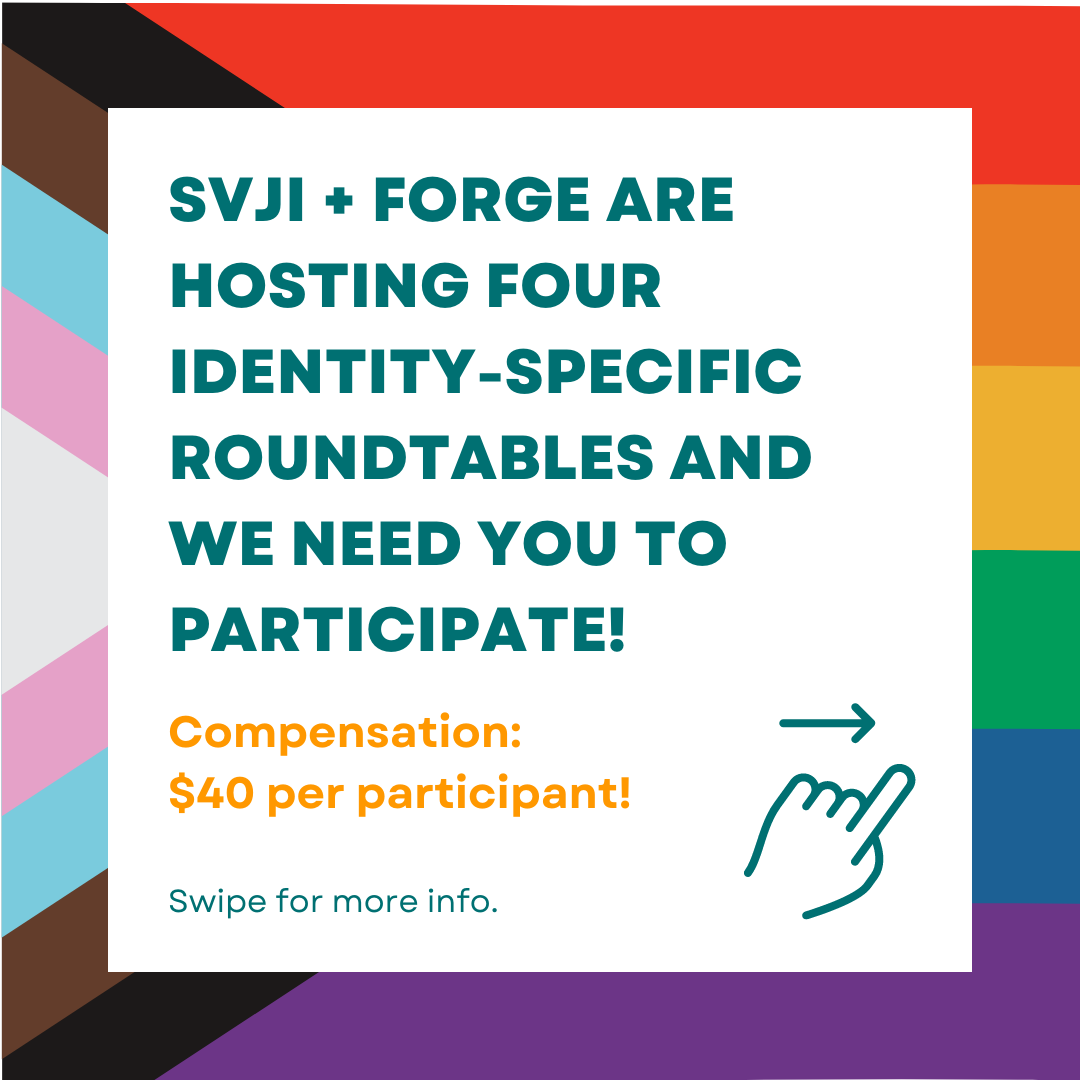 MNCASA1's tweet photo. Calling all LGBTQ+ community members! SVJI &amp; @FORGEforward want to learn more about how LGBTQ+ victims/survivors and community members want the response to sexual violence to look in their communities. Complete our pre-screening survey: https://t.co/aEeMcA7rLt. Compensation: $40. https://t.co/9nzzdRQgC6