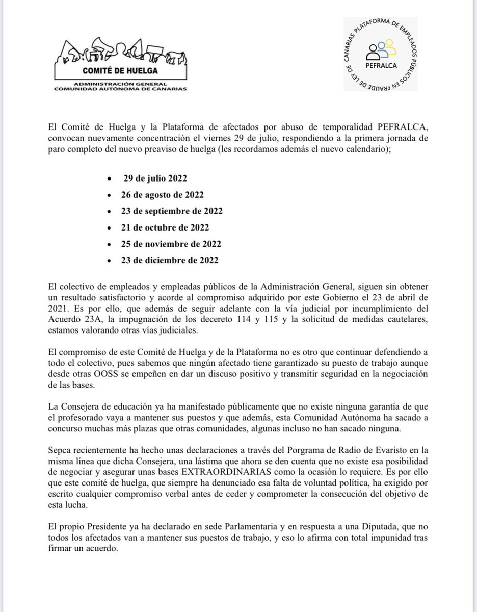 PEFRALCA's tweet photo. El Comité de huelga de la Administración General informa @avtorresp @julioperezsc @Manuel_Martnez @PodemosCanarias @asgomera @RomanRodWeb #ConMiPuestoNoSeJuega #PermanenciaYa #SeguimosEnLucha #JusticiaLaboral #CeroDespidos #CumplanAcuerdo #PrimacíaDerechoComunitario https://t.co/VIM7ziE2lv