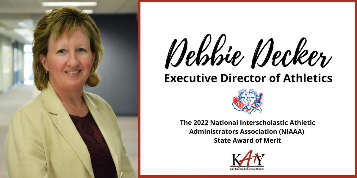 Congratulations to Debbie Decker, Katy ISD’s Executive Director of Athletics, for recently receiving the NIAAA State Award of Merit. Read more about Debbie's outstanding achievement here: bit.ly/3BldpvT <a href="/KatyISDAthletic/">Katy ISD Athletics</a> <a href="/NIAAA9100/">NIAAA</a>