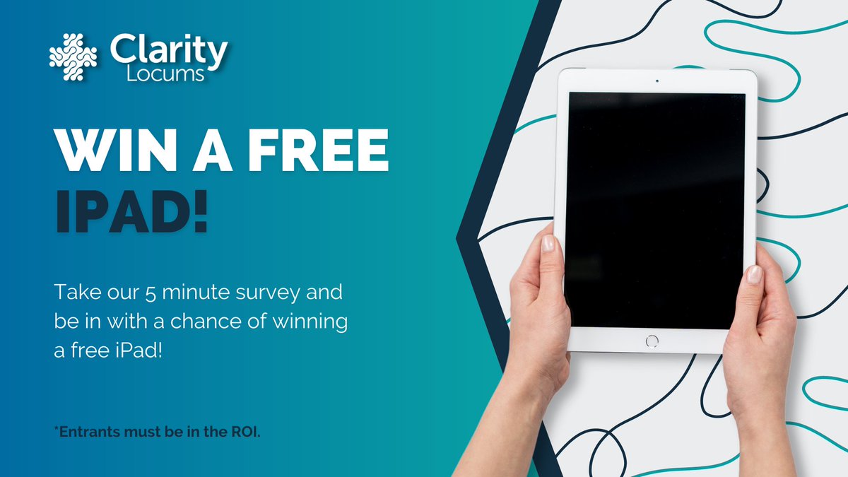 ClarityLocums's tweet photo. WIN A FREE IPAD ⭐️

Calling all locums! Take part in our short survey and help us to improve our service to meet your needs. All those who enter their email upon completion will be in with the chance to win an iPad!

Complete the survey here: https://t.co/UFqT4gi9lP

#survey https://t.co/4cIrdUaA2o