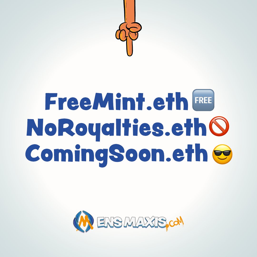 🎆 ENS MAXIS NFT 🎆 

You have been diagnosed with the ENS maxis-ease! Hold on to your 🥜s because this collection will make you bust. 
⚠️No testicles will be harmed during this mint⚠️

Any interaction with this post will be considered for MintList.eth
#FreeMint #ENS #NoRoyalties