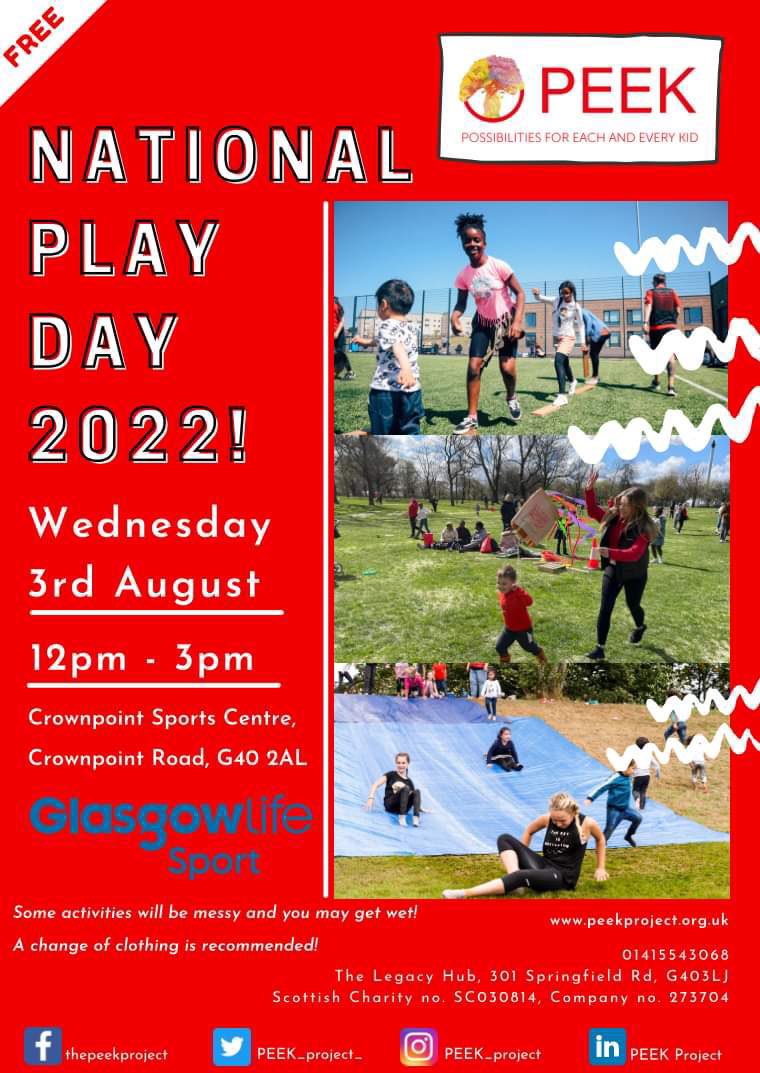@PEEK_project_ NATIONAL PLAY DAY is back!! 

Come join #TEAMPEEK for a free fun family day out. 

Wednesday 3rd of August from 12-3pm.

#PEEKPlay #PEEKCreate #PEEKThrive #PEEKWellbeing #HoFoP