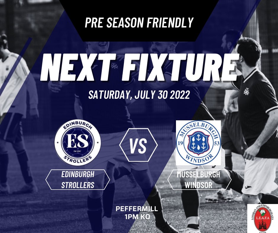 Edinburgh Strollers (@edinstrollersfc) on Twitter photo UPCOMING FIXTURE ⚽️
🆚 <a href="/MWAFC/">Musselburgh Windsor</a>
⚽️ Friendly
📅 30/07/2022
⏰ 1pm KO
📍Peffermill 4G
<a href="/LEAFA_Official/">LEAFA Official</a> <a href="/ftsc0res/">fulltimesc0res</a> <a href="/scottish_aff/">AmateurFixturesResultsSCO</a> <a href="/DoonThePark/">#DoonThePark</a>
🔵⚪️🔵⚪️ UPCOMING FIXTURE ⚽️
🆚 <a href="/MWAFC/">Musselburgh Windsor</a>
⚽️ Friendly
📅 30/07/2022
⏰ 1pm KO
📍Peffermill 4G
<a href="/LEAFA_Official/">LEAFA Official</a> <a href="/ftsc0res/">fulltimesc0res</a> <a href="/scottish_aff/">AmateurFixturesResultsSCO</a> <a href="/DoonThePark/">#DoonThePark</a>
🔵⚪️🔵⚪️