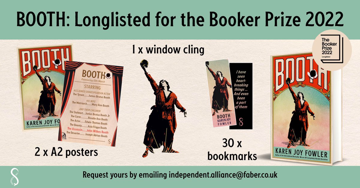 Indie bookshops! We have POS available for #BookerPrize longlisted #Booth by Karen Joy Fowler 🎭 DM for your window cling, posters and bookmarks! @serpentstail @ProfileBooks
