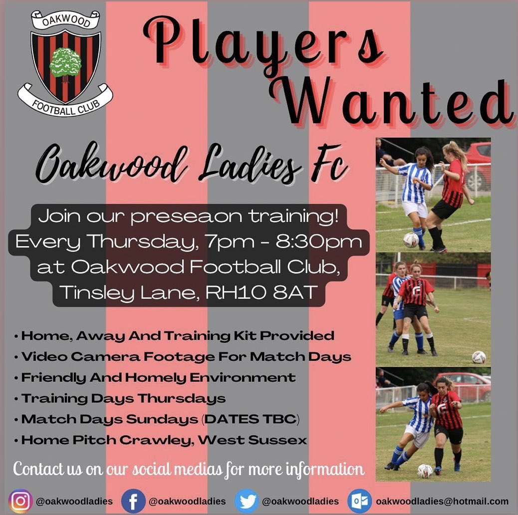 Oakwood Ladies are looking for new players in all positions for the coming season, we will be playing in the Kent Div 1 West this season. 
If you are looking for a new club or get back into football come along to our open sessions. DM for more details <a href="/SECWFLnews/">SECWFL</a> <a href="/SCWGFL/">SCWGFL</a>
