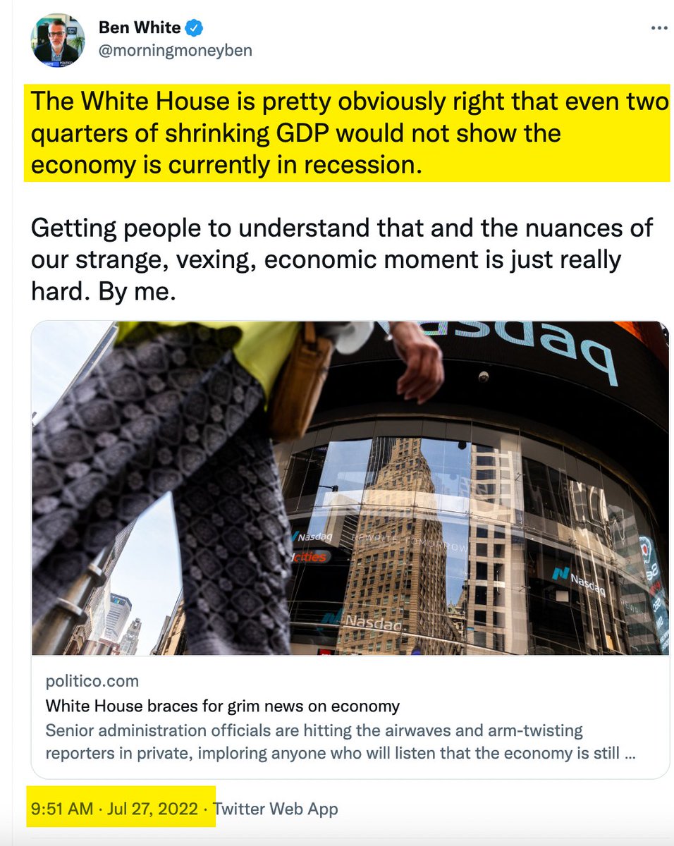 Watch POLITICO's <a href="/morningmoneyben/">morningmoneyben</a> change his definition of "recession" in real-time to align with what the WH and Paul Krugman are demanding everyone now profess. Since he's blocking all who point this out, I took this from <a href="/redsteeze/">Stephen L. Miller</a>, <a href="/TheAgeofShoddy/">The End Times</a> &amp; <a href="/imjustabillman/">Jeff Billman</a> to see it.