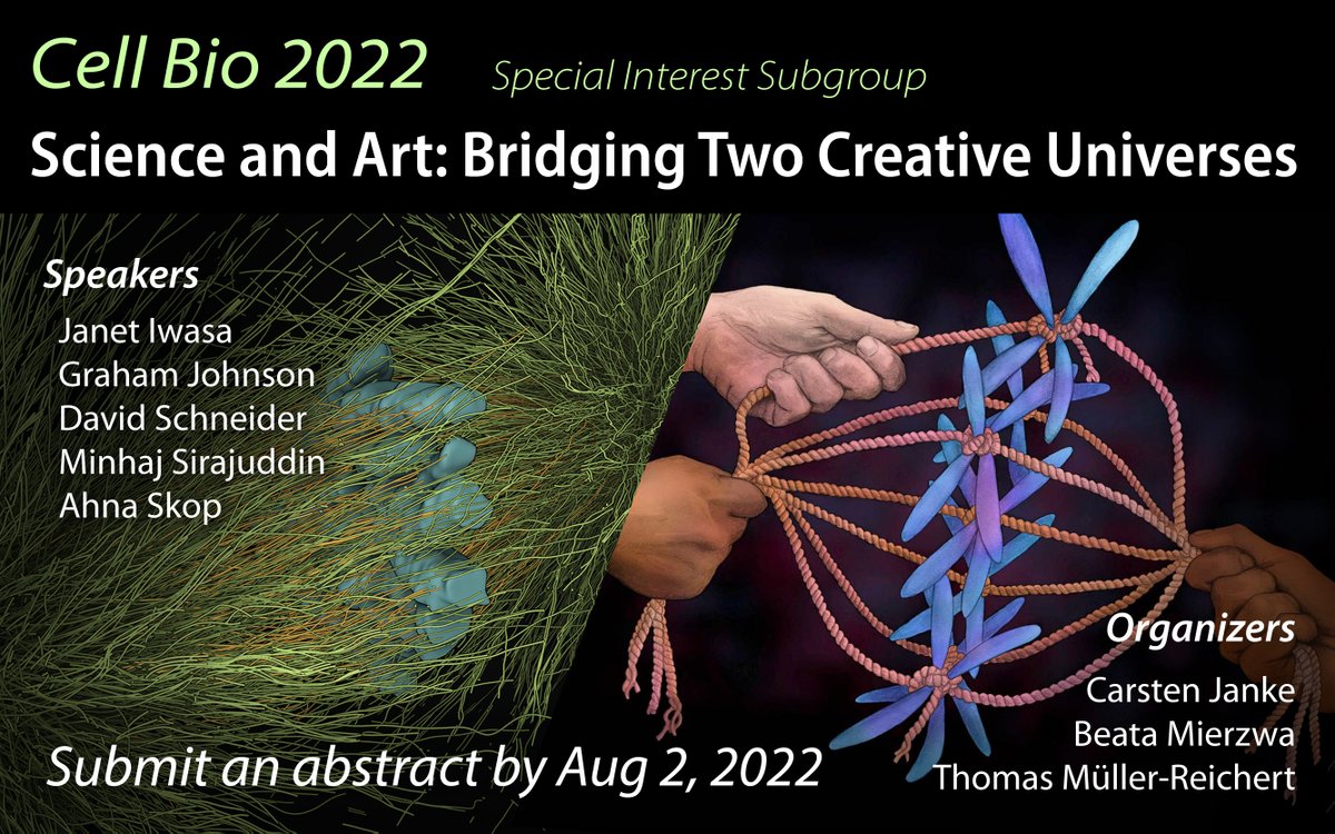 Are you passionate about #SciArt and joining #CellBio2022? Submit an abstract to our subgroup 'Science and Art: Bridging Two Creative Universes' by Aug 2 and join the amazing @janetiwasa @foodskop @ms_chirps Graham Johnson & David Schneider for a talk. Please RT! #AcademicTwitter