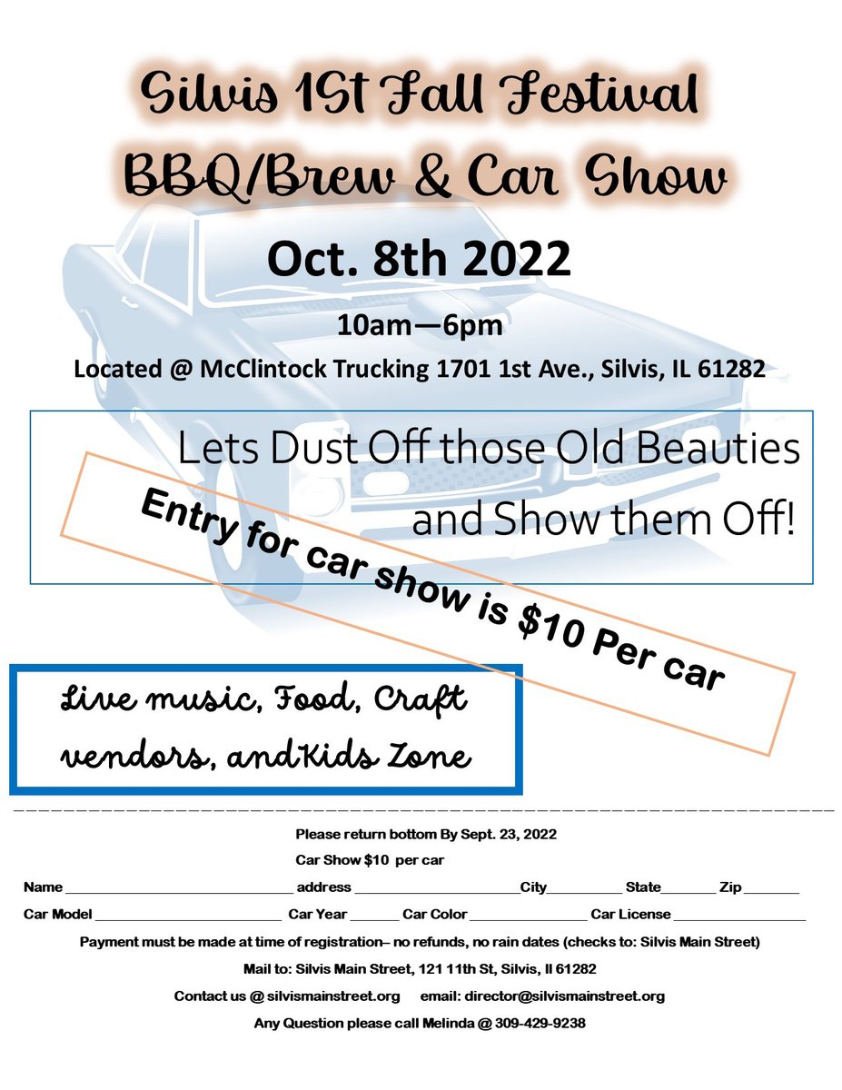 CityOfSilvis's tweet photo. Got a car you want to show off?  Why not enter it in our 1st ever fall festival.  Check out the flyer for more information. https://t.co/XO8gGnh3im