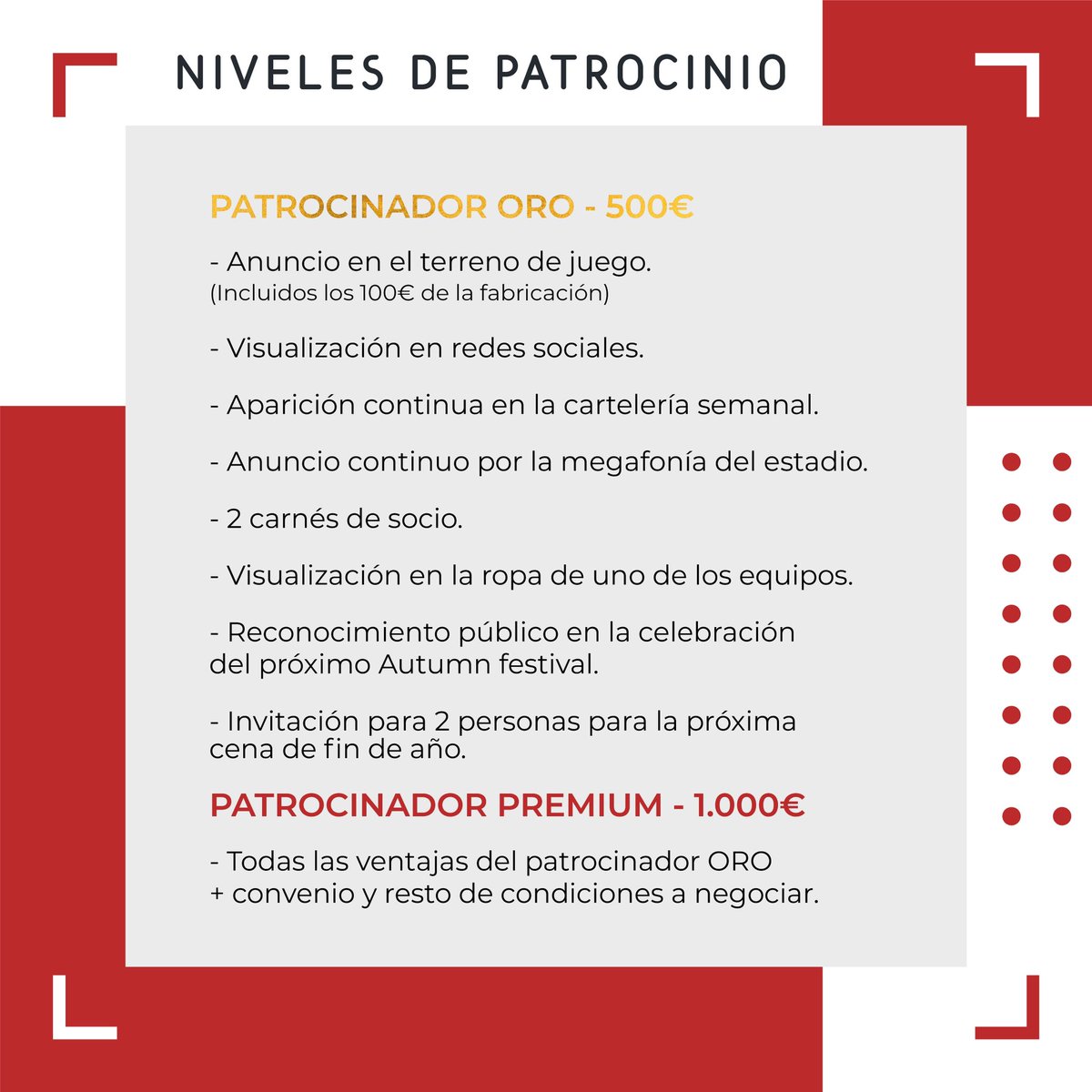 🤝 NECESITAMOS TU AYUDA 🤝

Aquí te adelantamos algunas de las razones por las que creemos es interesante la participación en esta campaña, además de los diferentes niveles de patrocinio y sus beneficios

Si crees que puede ser interesante para tu negocio, puedes contactarnos