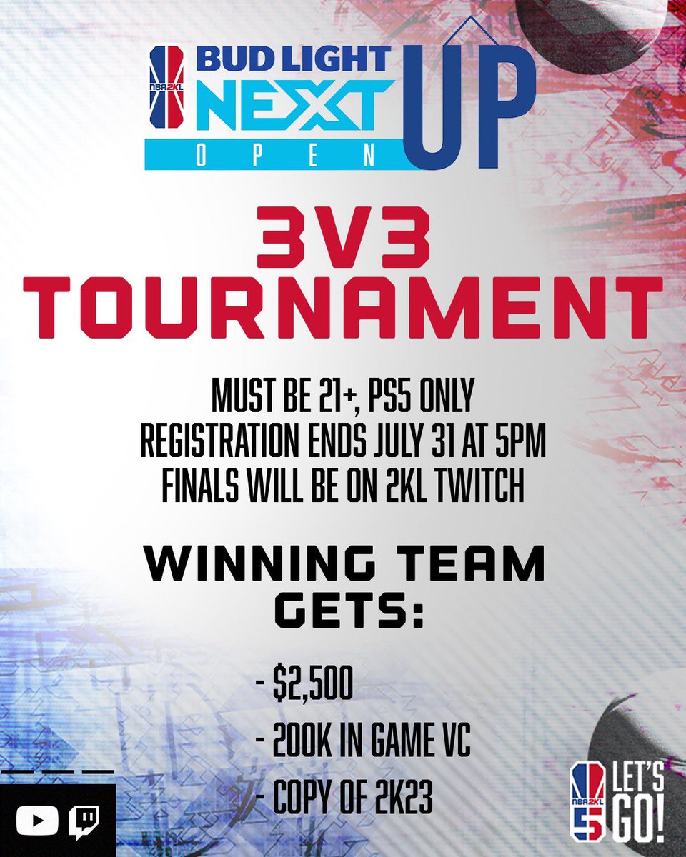 🚨Tournament Alert🚨

Sign ups are now open for the NBA 2K League <a href="/budlight/">Bud Light</a> NEXT Up Open, grab your 3v3 squad and sign up now!

🔗: bit.ly/3S6quPO