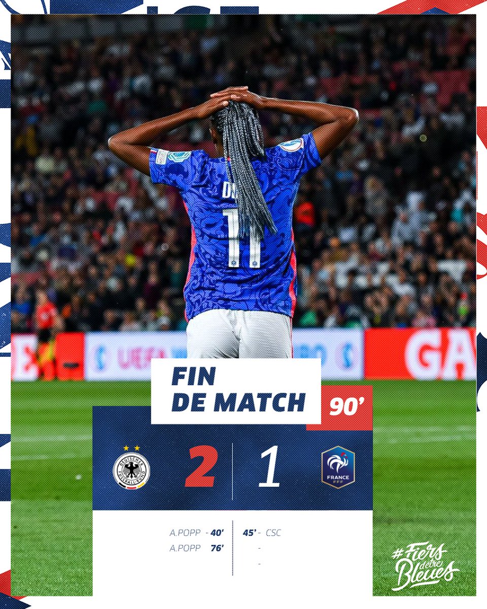 L'aventure de nos Bleues s'arrête ici 🇫🇷
Félicitations pour ce beau parcours 💙

🇩🇪2-1🇫🇷 | #ALLFRA | #FiersdetreBleues 
#WEURO2022