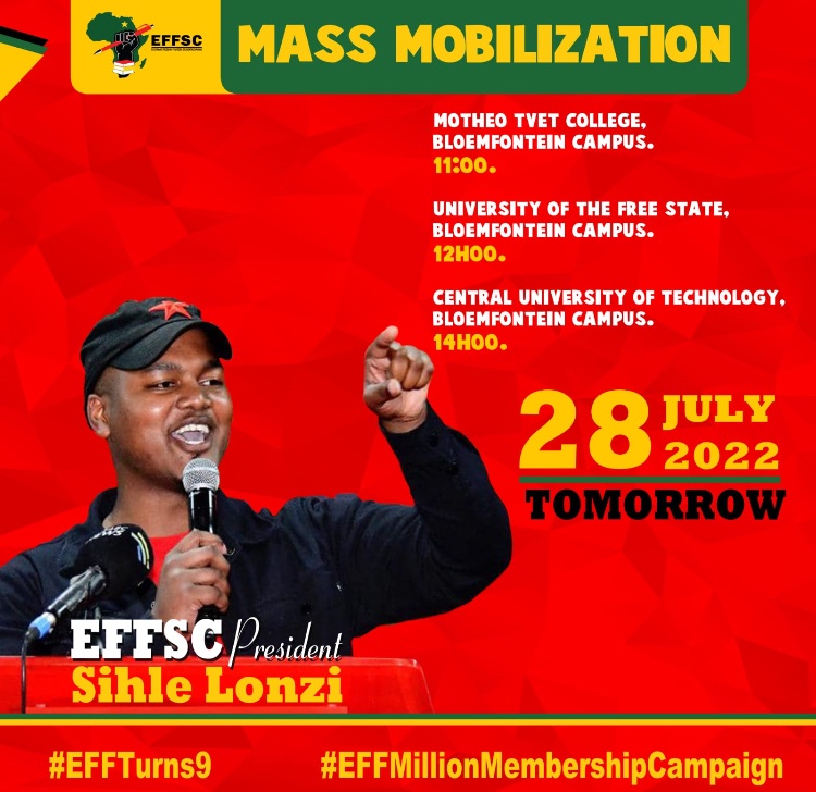 EFFYouthCommand's tweet photo. [Media Alert 🚨]

The President of the EFF Students’ Command, Commissar @SihleLonzi will be leading a mobilization program for students &amp; youth towards the 9th Anniversary of the EFF.

Student wars are community wars!

#EFFTurns9  
#EFFMillionsMembershipCampaign 
@EFFSouthAfrica https://t.co/SbbnGdwByb