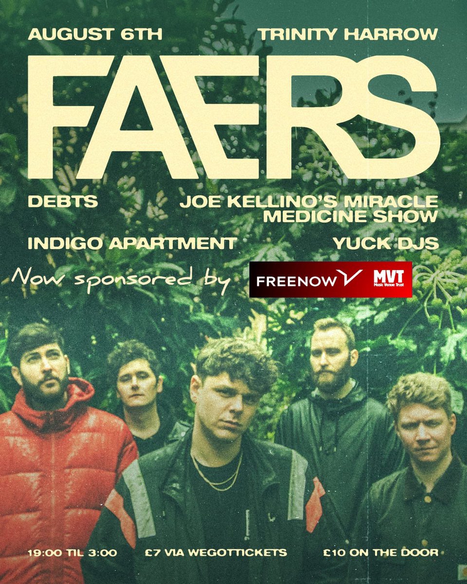 FaersMusic's tweet photo. 15 tickets left for our show at Trinity Harrow 

Saturday August 6th 

https://t.co/6JrChtofRo https://t.co/Fyvv1Qpu7f