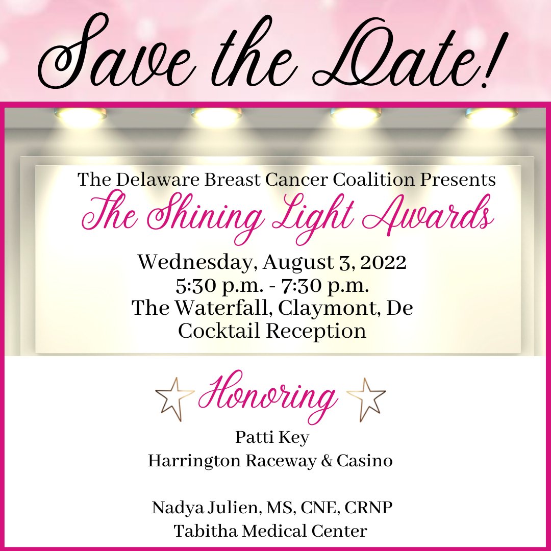 Join us for the 2022 Shining Light Awards on August 3! This year's reception will honor Patti Key and Harrington Raceway &amp; Casino and Nadya Julien MS, CNE, CRNP and Tabitha Medical Center. Tickets and sponsorships are available at dbcc.ejoinme.org/SLA22. 🌟🌟
