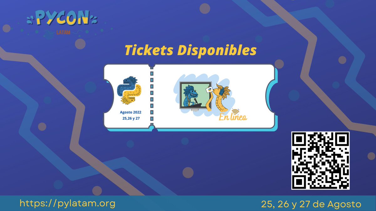 dennyperez18's tweet image. ¡Ya están disponibles los boletos de #PyConLatam2022 en línea.🥳👏

PyCon Latam la conferencia que reúne a desarrolladores de #Python de toda América Latina.

🗓️ 25, 26 y 27 de Agosto
💻 pylatam.org

¡Adquiere tu boleto!👇
events.hubilo.com/pycon-latam-20…

#PyCon🐍
#PyLatam
