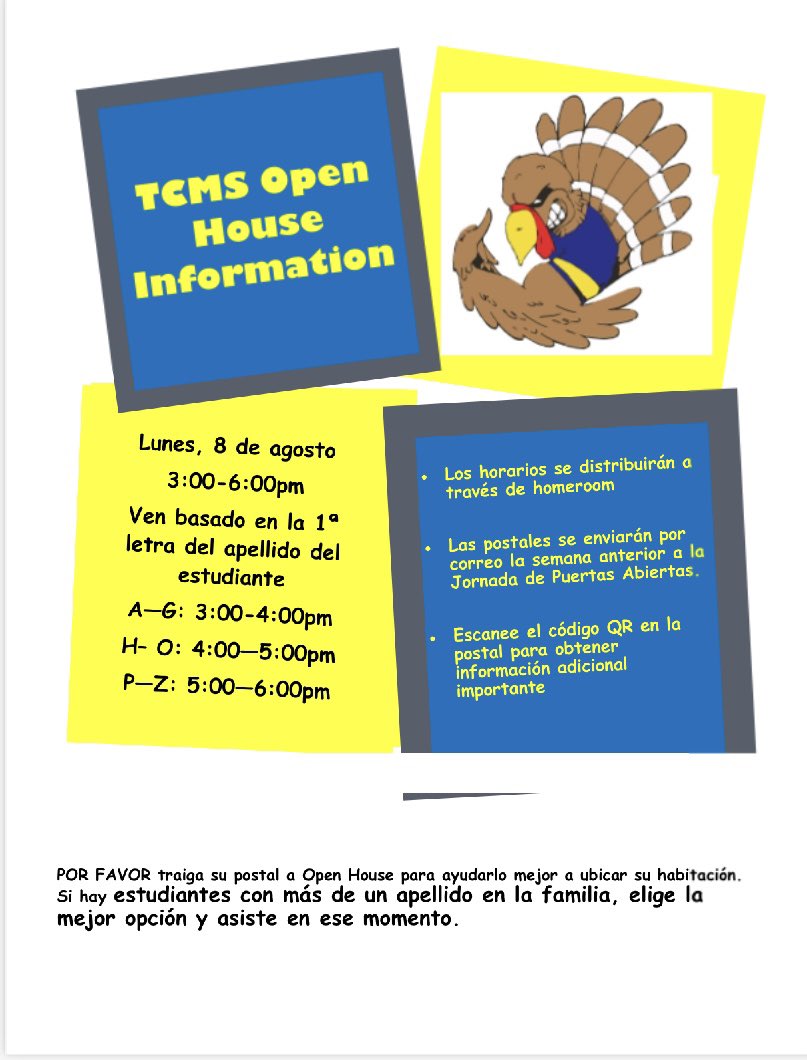 TurkeyCreekMS's tweet photo. @TurkeyCreekMS Open House information for the 2022-2023 school year. We can’t wait to see everyone! #gobblernation https://t.co/Lbv2fyND6j