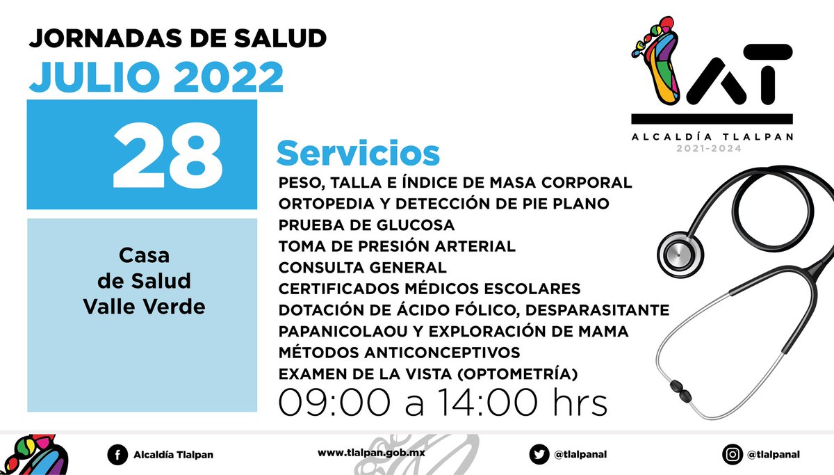 #QueNoSeTePase, mañana la #JornadaDeSalud estará en la Casa de Salud Valle Verde, no dejes pasar más tiempo a algún malestar, nuestros servicios son GRATUITOS y recuerda que la prevención salva muchas vidas.🩺💉🩸 

🕘9:00 am a 14:00 hrs. 

#Tlalpan #GrandeComoSuGente