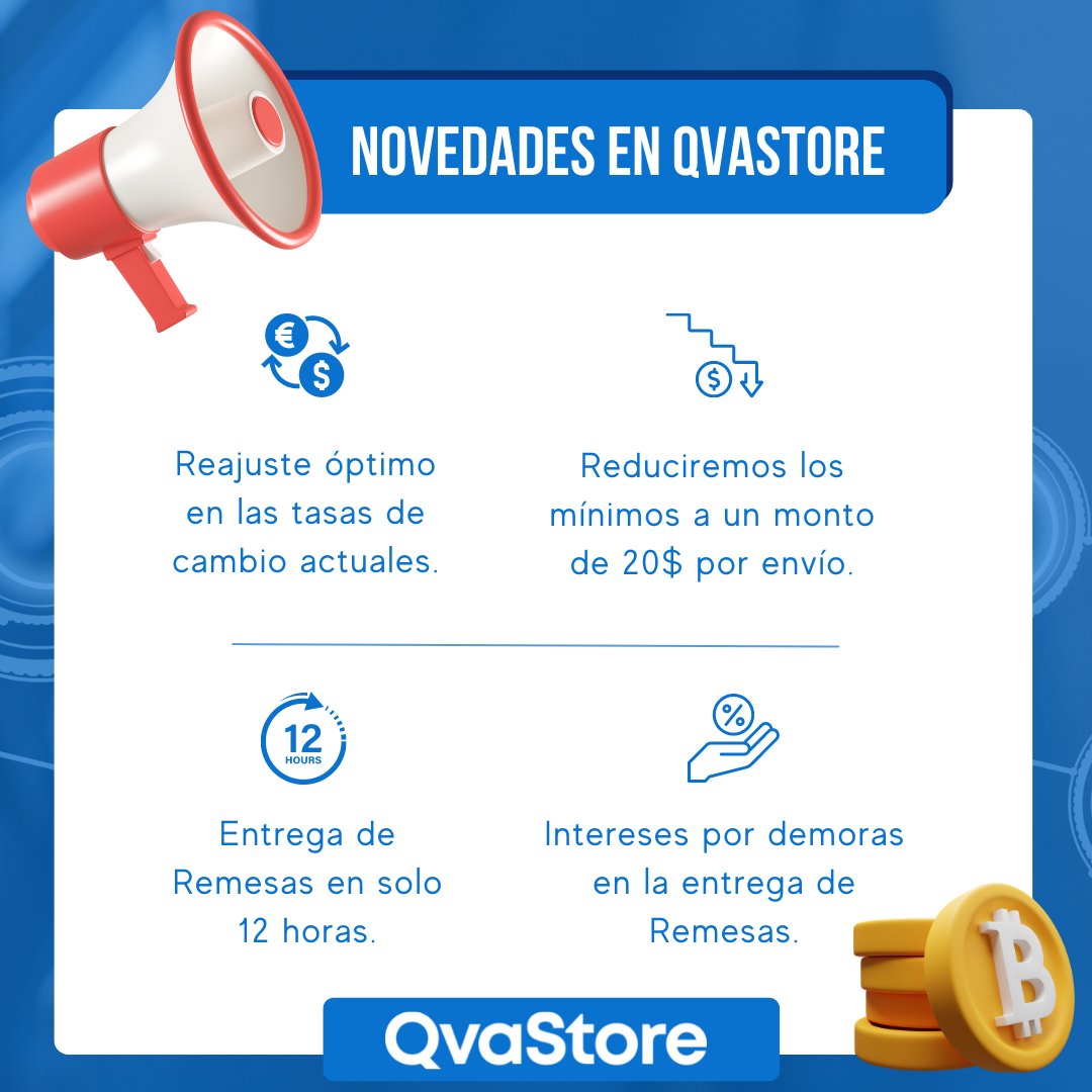 QvaStores's tweet photo. ✅ NOVEDADES EN QvaStore ✅

💸 Reajuste en las tasas de cambio
💰 Mínimo de 20$ por envío
🕒 Máximo de 12 horas
🏦 Intereses por demoras en las entregas

🗒️Se comenzarán a implementar en los próximos días, permanezca atento 🔔 https://t.co/9lqR8lR3vn