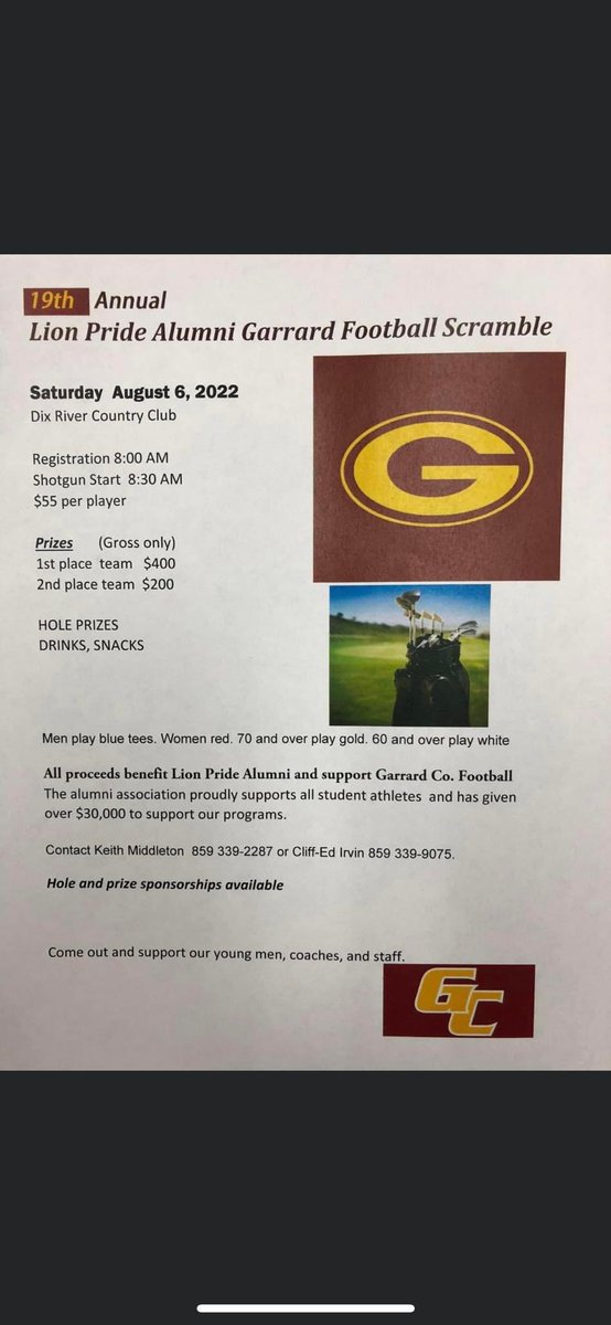CoachBarnesGMS's tweet photo. Mark your calendars the annual golf scramble is upon us. #LPFA #WEareONE #Committed @GarrardFootball @GarrardMiddle @GarrardGCHS @EKUWWells @QuadCoverage https://t.co/bGY4bfWhxN