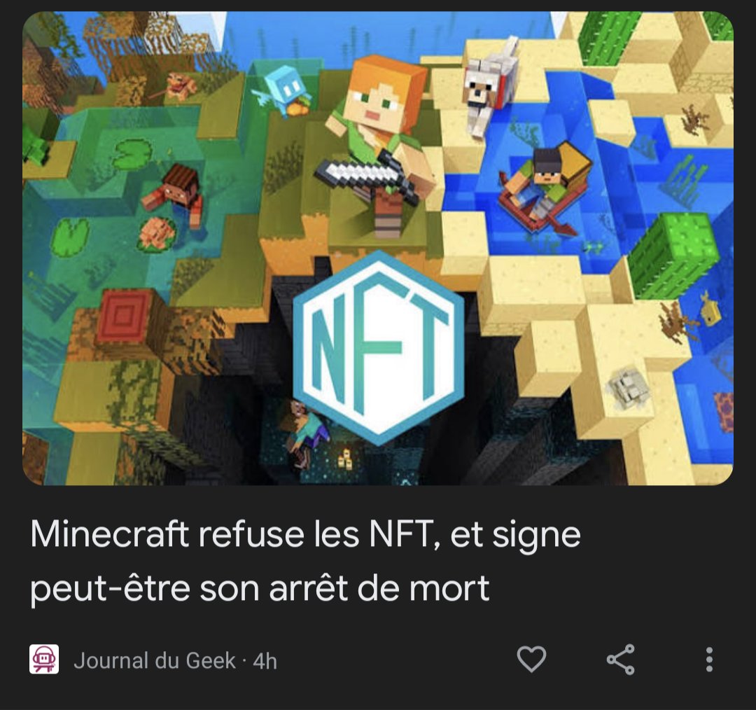 FrMinecraft's tweet photo. Une boîte qui ne peut plus utiliser Minecraft pour vendre ses NFT va créer son clone de Minecraft et lui "porter un coup fatal". La blague 🤣 https://t.co/kflJxGWLOI