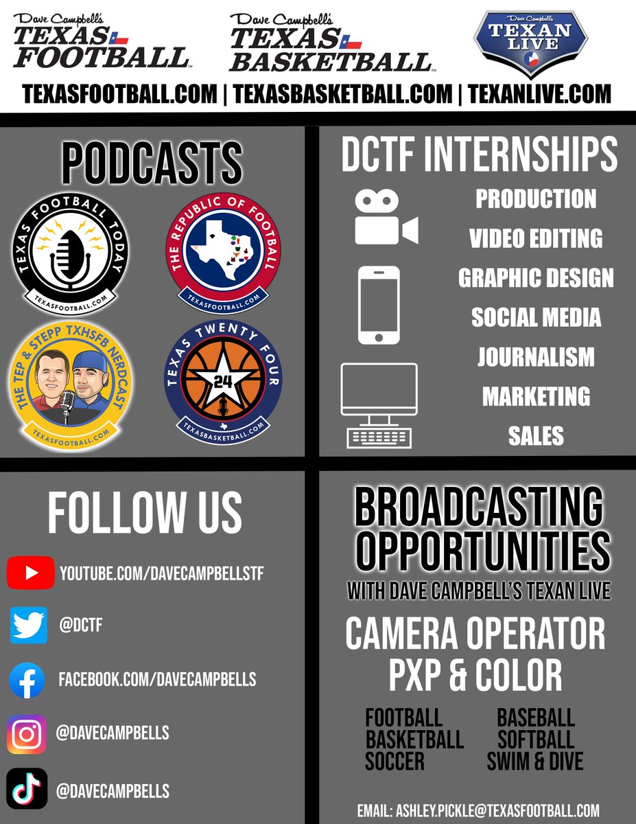 🚨WANTED: FALL INTERNS🚨

Interested? Email william.wilkerson at texasfootball.com with your resume/cover letter by 5 p.m. on Aug. 5 &amp; let us know what area you're interested in (social media, marketing, sales, etc.)

Don't miss out on this opportunity! #dctf #txhsfb