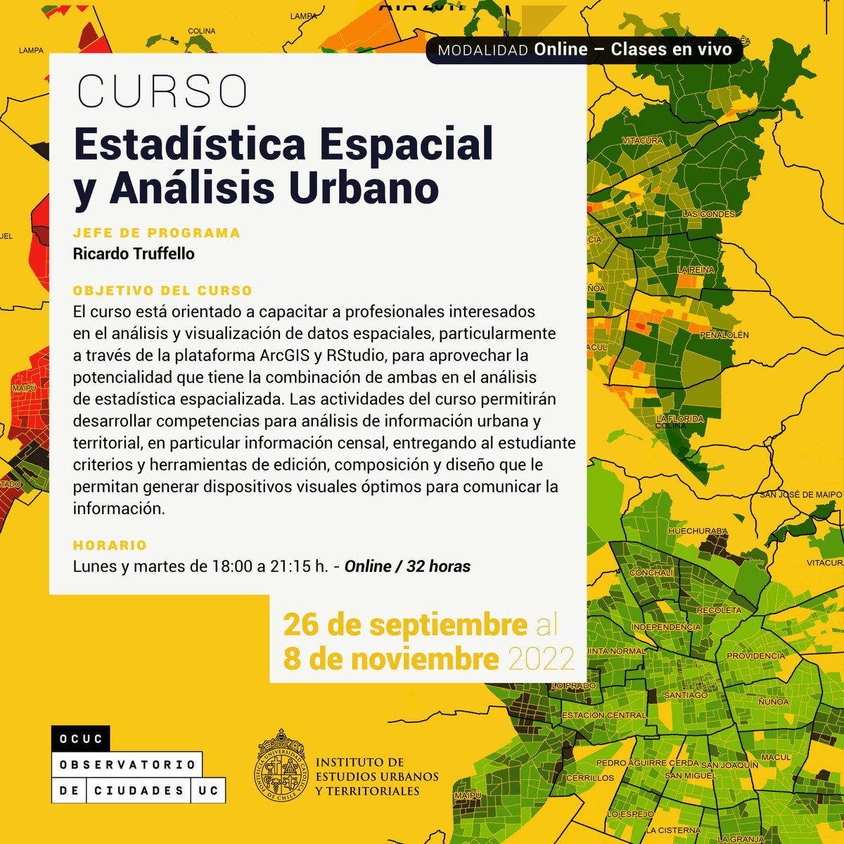 🌏👀¿Te interesa la visualización de datos? ¿Buscas aprender sobre Sistemas de Información Geográfica?

⚡Te invitamos a conocer el Curso Estadística Espacial y Análisis Urbano⚡

CURSO ABIERTO en colaboración con <a href="/ocuc_cl/">Observatorio de Ciudades UC</a>
+ info: bit.ly/3PFIm2h