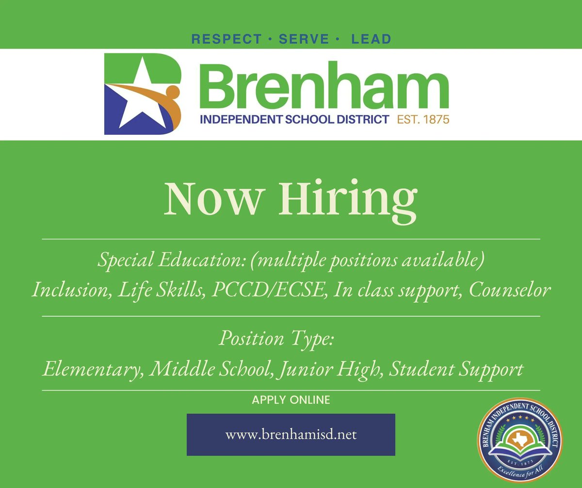 BrenhamISD's tweet image. 📢Calling all Special Education Teachers! Brenham ISD is looking for SPED teachers (multiple positions).  Our first-year starting salary begins at $50,000! 🏫
🍎Visit our website for full details on available positions: buff.ly/3OnsPTe
#hiring #Brenhamtx #ichoosebrenham
