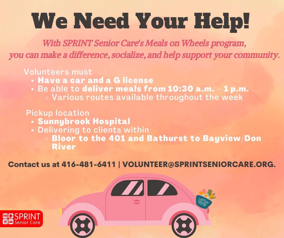 Volunteers for Meals on Wheels are needed! If you're available to help, please connect or fill out the online volunteer application form: sprintseniorcare.org/volunteer/appl…