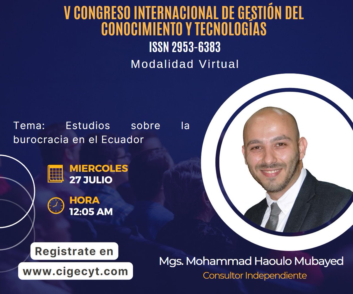 cigecyt's tweet photo. Mira la transmisión en vivo:
https://t.co/yS6hkATjDf
Mgs. Mohamad Haoulo Mubayed
Ponencia: Estudios sobre la burocracia en el Ecuador https://t.co/gWqaIOyH0F