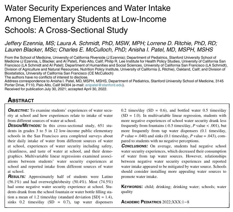 UCnpi's tweet image. Study by @Stanford @UCSF @UCnpi shows that 75% of students have negative water security experiences at school &amp;amp; are more likely to drink from sinks &amp;amp; tap water dispensers &amp;amp; less likely to drink from fountains compared to those without negative experiences. doi.org/10.1016/j.acap…
