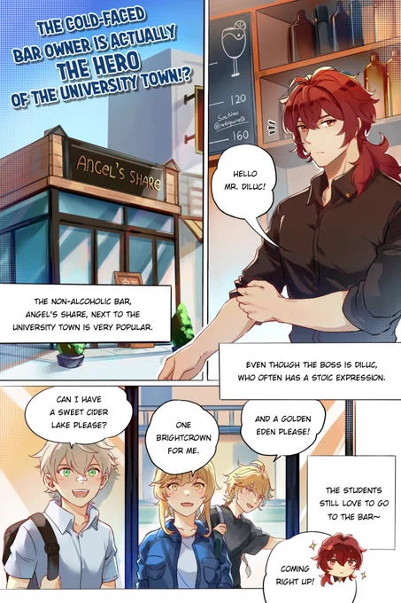 The Diluc-centric comic of mine that was featured in hoyolab magazine #2 💛
(Campus AU, read from left to right)

#GenshinImpact #Diluc 