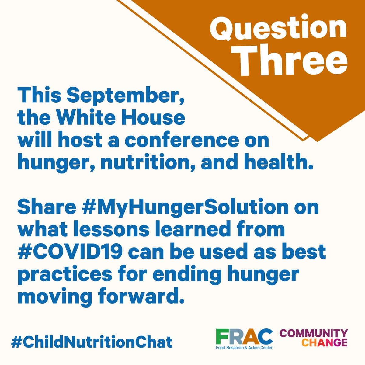 fractweets's tweet photo. Q3: This September, the White House will host a conference on hunger, nutrition, and health. Share #myhungersolution on what lessons learned from #COVID19 can be used as best practices for ending hunger moving forward. #ChildNutritionChat https://t.co/VtE2l6HMEX