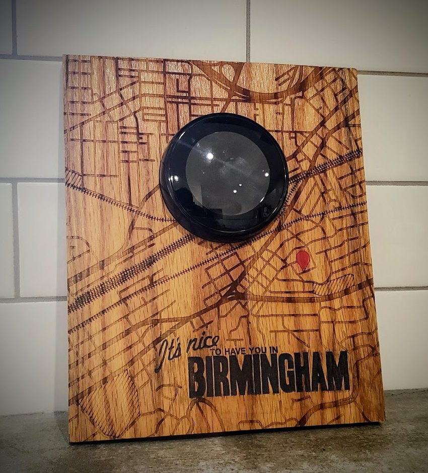 Super happy with the personalized, engraved wood, nest wall plate I made <a href="/RMM_Bham/">Red Mountain Makers</a>. This was something of a prototype...I'm looking for an excuse to make a version 2 if anyone wants to commission one.