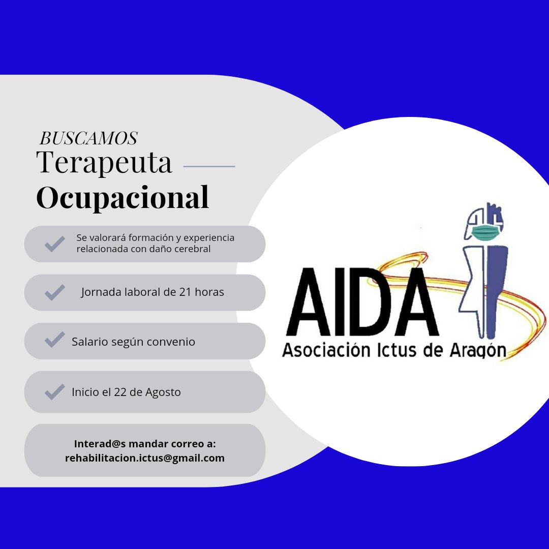¡Buscamos Terapeuta Ocupacional! 

Abrimos proceso de selección en búsqueda de un profesional para nuestro departamento de Terapia Ocupacional.

Si te interesa ¡No dudes en mandarnos tu currículum! 

#ictus #neurorrehabilitación #aida #terapiaocupacional #zaragoza #aragon