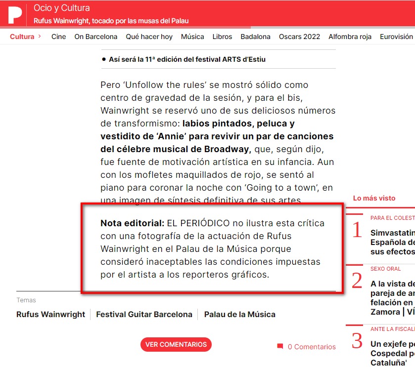 anigp_tv's tweet photo. El Periodico no cede al chantaje de las #clausulasabusivas que se intentar imponer por parte de algunos musicos #rufuswainwright #libertaddeprensa  #stopchantaje #boicotrufuswainwright #stopchantajediscograficas #stopchantajemusica #musica #conciertos @LiveNation @madcoolfestival https://t.co/KTgVxIEMSH