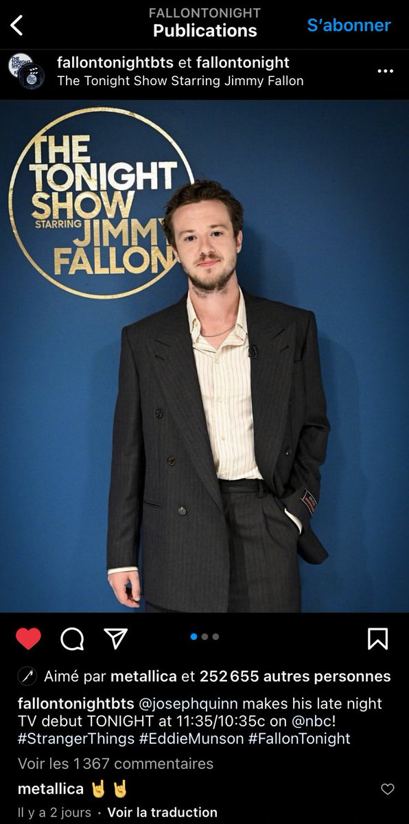 JQuinnFrance's tweet photo. Le groupe Metallica a aimé et commenté la publication Instagram de @FallonTonight montrant Joseph poser dans les coulisses de l’émission. #JosephOnFallon https://t.co/LbU3vIKzNx