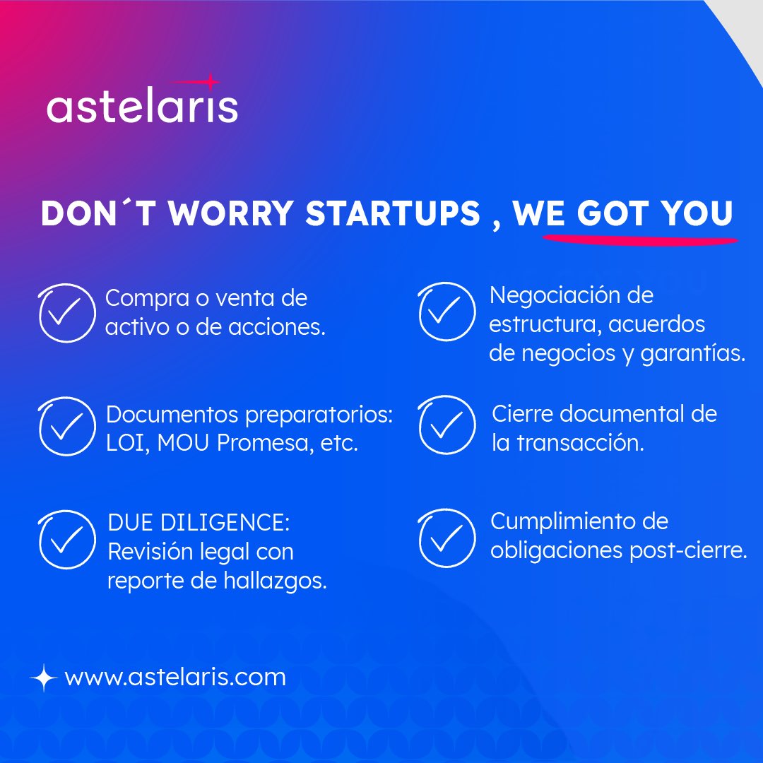 astelarismx's tweet photo. DON’T WORRY STARTUPS, WE GOT YOU 🚀
Algunas de las cosas que dominamos a la perfección, queremos ser tu aliado estratégico. 
 “In LaaS we trust” 🙏🏻

+ info: 
👉🏻 https://t.co/HSjfupZzaM
.
.
#astelaris #startups #mexico #latam #venturecapital #fintech #legalexperts #pymes https://t.co/1ibmqTJSO7