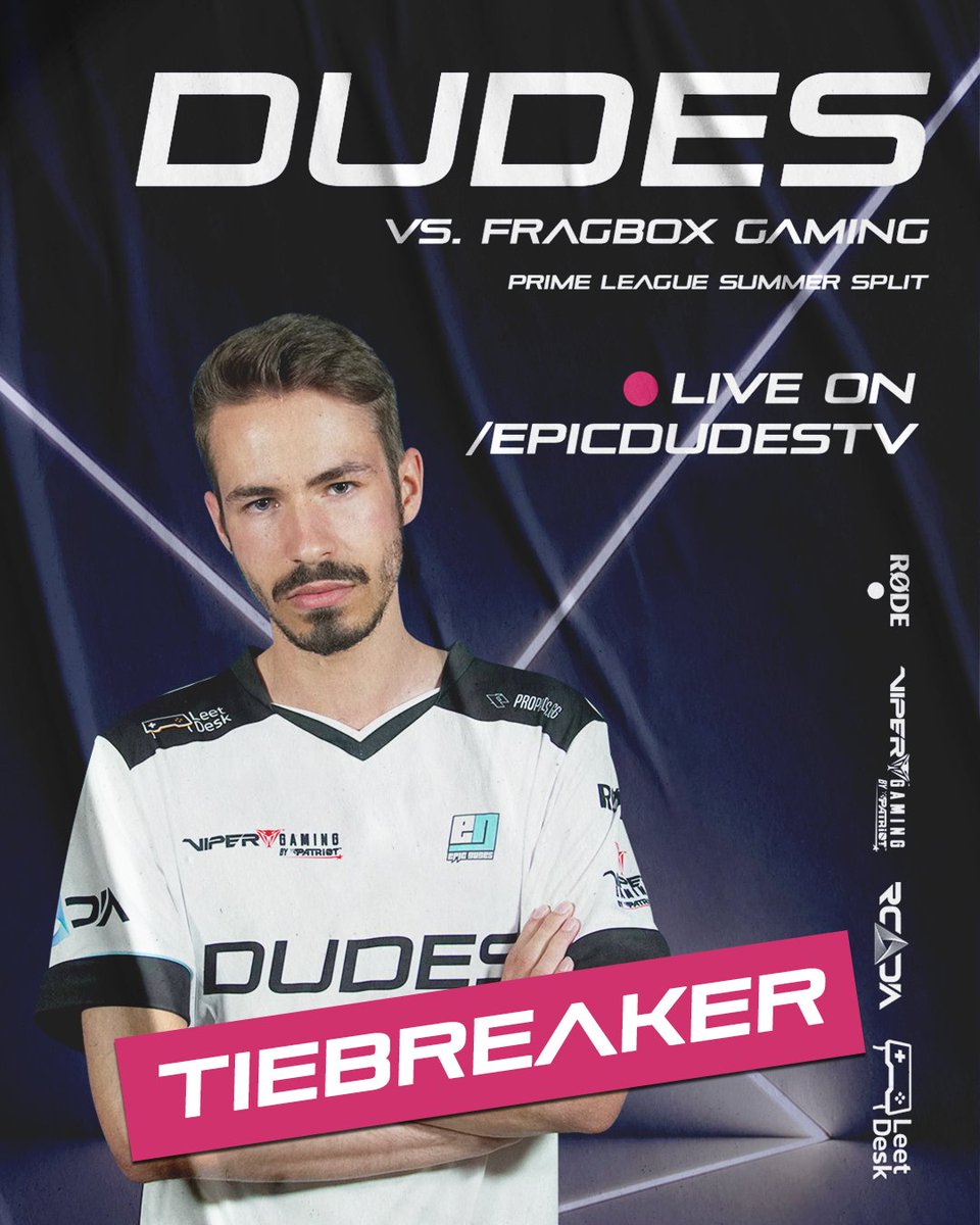 Heute steht unser wichtigstes Match in der 
@primeleague an! 

Im Tiebreaker gegen <a href="/Fragboxgaming/">Fragbox Gaming</a>
 entscheidet sich, wer in die Playoffs einziehen wird.

Wir sehen uns um 20 Uhr auf twitch.tv/epicdudestv 📺🔴
mit @Kevkax3LoL &amp; <a href="/Allisrem/">Allisrem</a> 

#WELIVEGAMING with 
<a href="/LeetDesk/">LeetDesk</a>